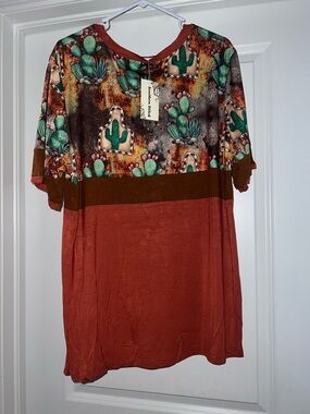 Southwestern Cactus Print Colorblock Blouse  - Rust & Green